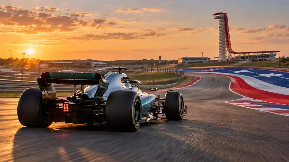 Silver racing car on a circuit with red, white and blue run-off areas