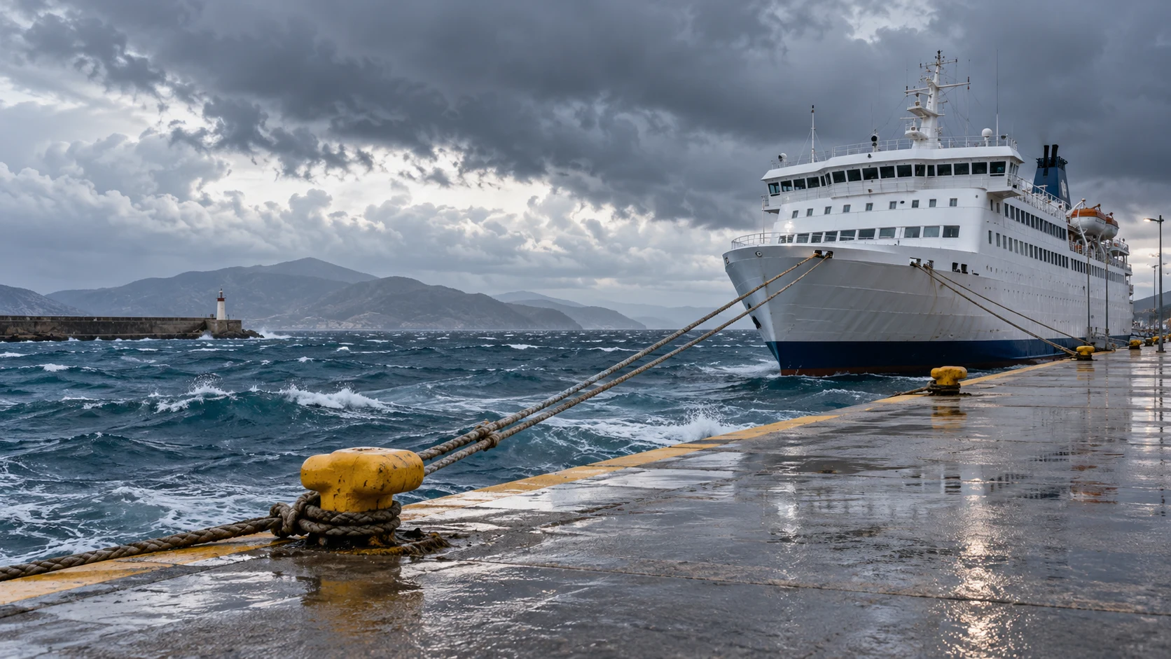 Passenger ferry moored at a port under an overcast sky beside a rain-wet quay