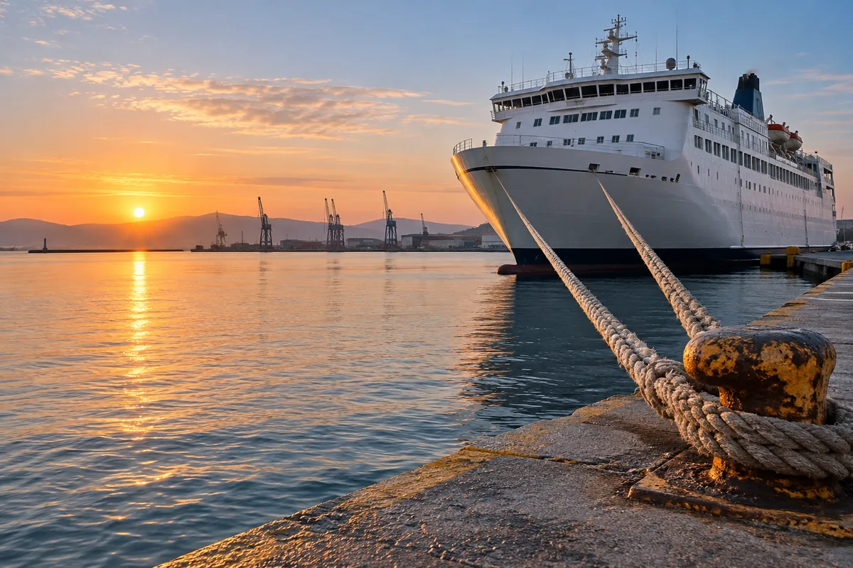 Passenger ferry moored in a quiet harbour with ropes on the quay