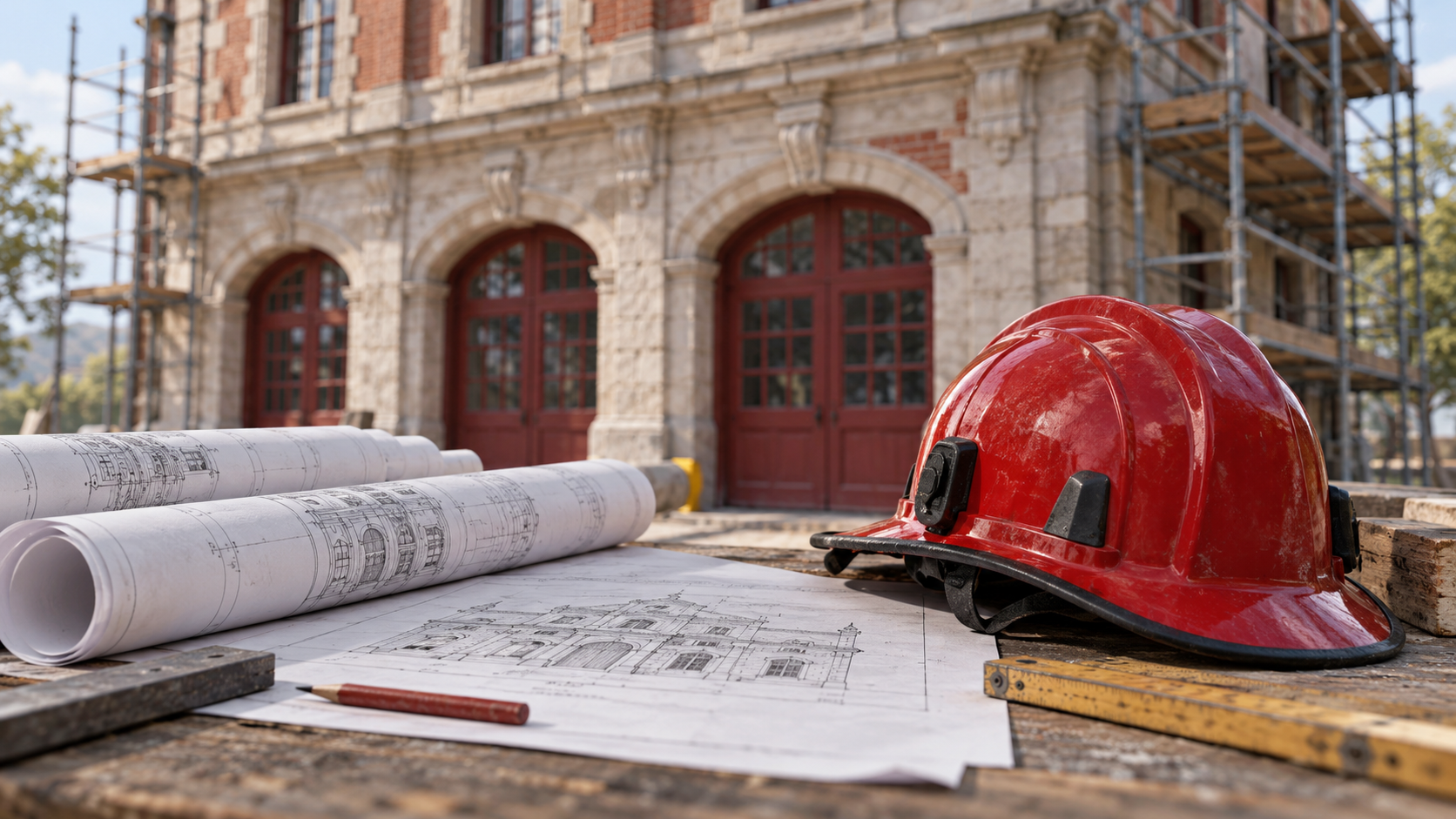 Firefighter helmet and architectural drawings in front of an old building with scaffolding