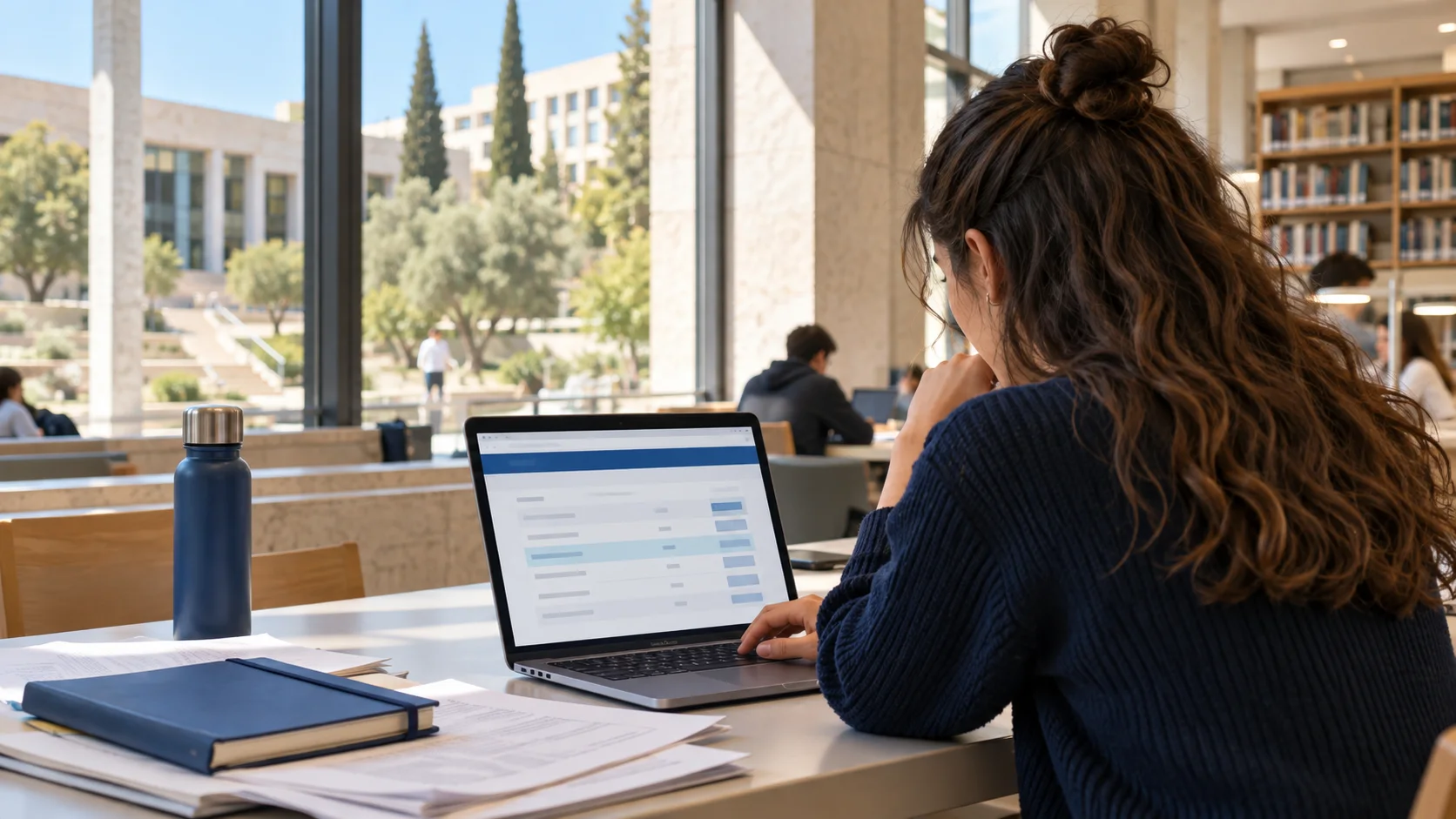 University student checking transfer results online in a campus library