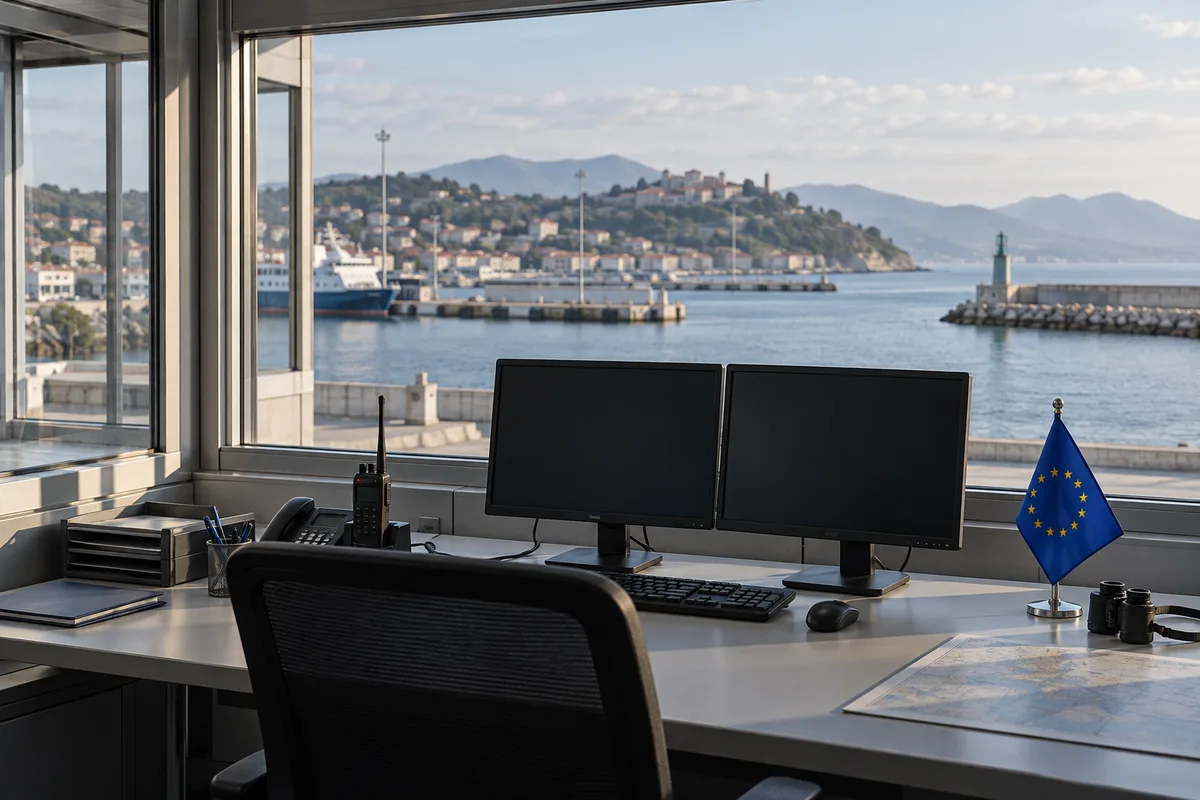 Empty border-control workstation with a European flag overlooking a harbour