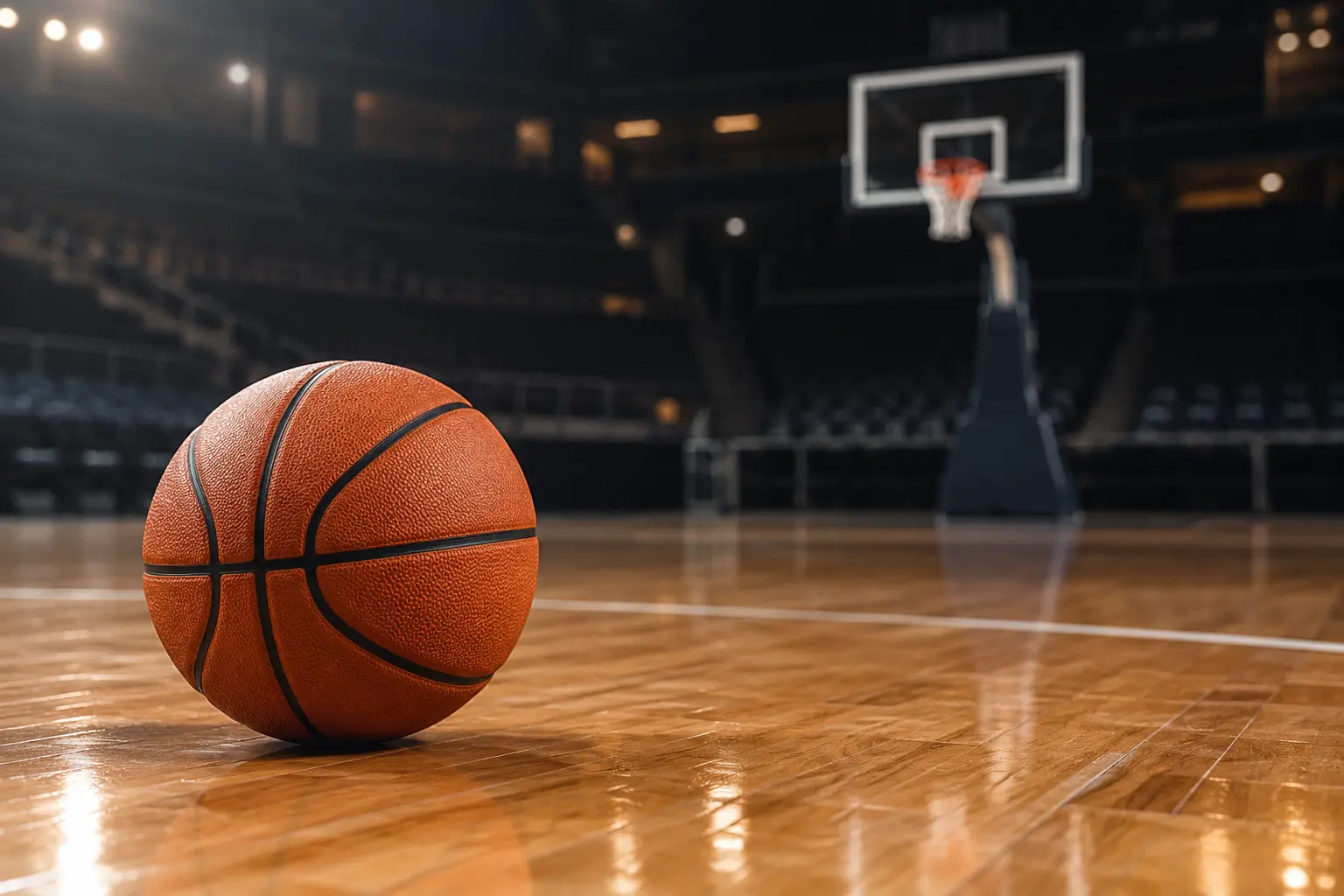 A basketball on an indoor wooden court with a hoop in the background