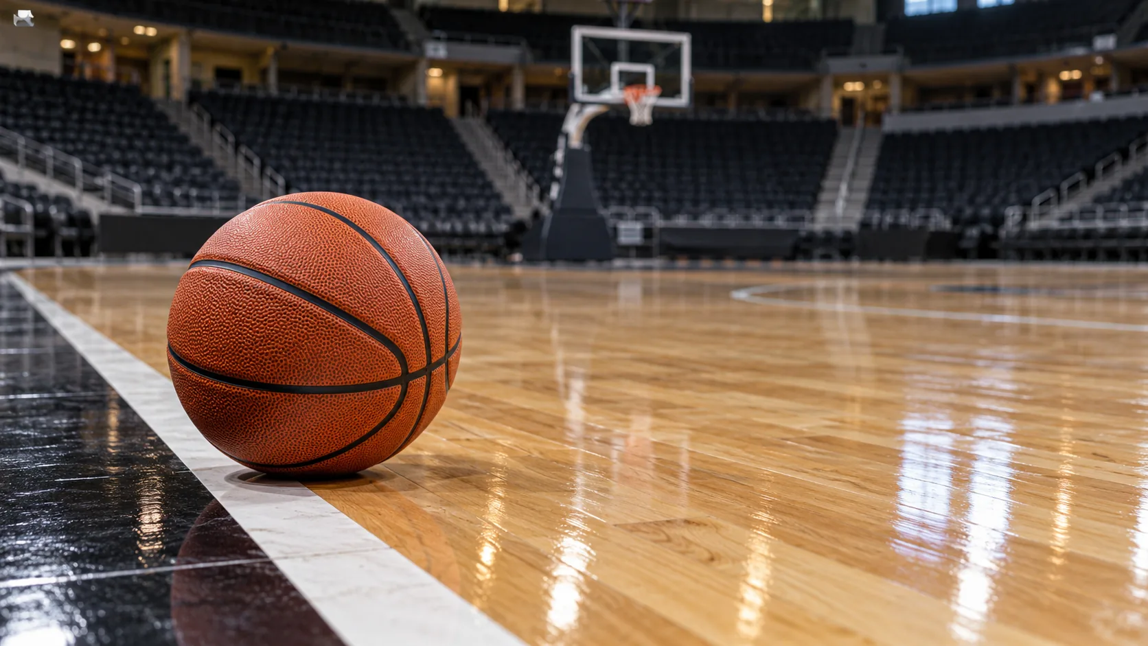 Basketball beside the sideline of a wooden court inside an indoor arena
