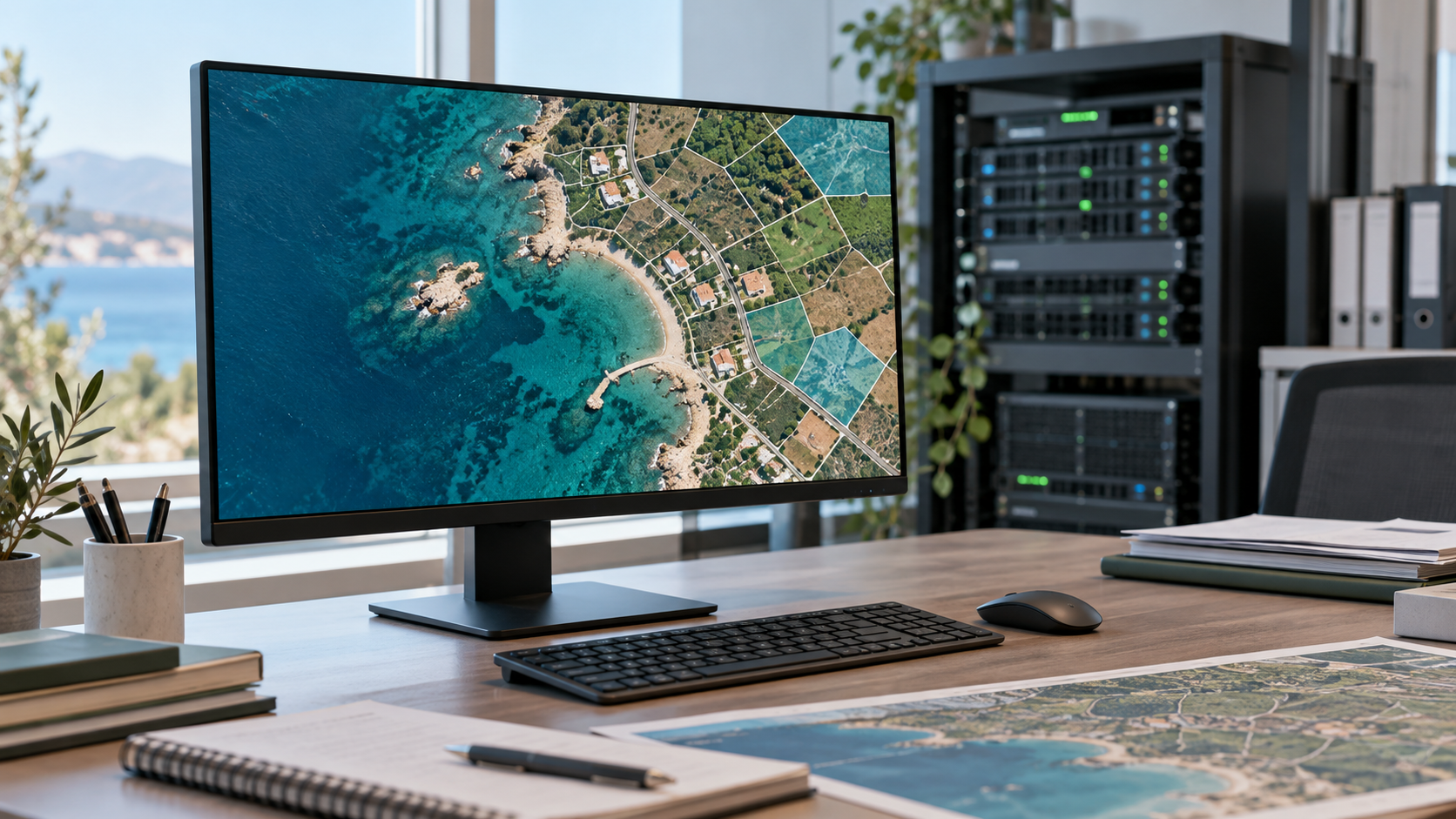 Monitor displaying a coastal land map in an office with computer systems equipment