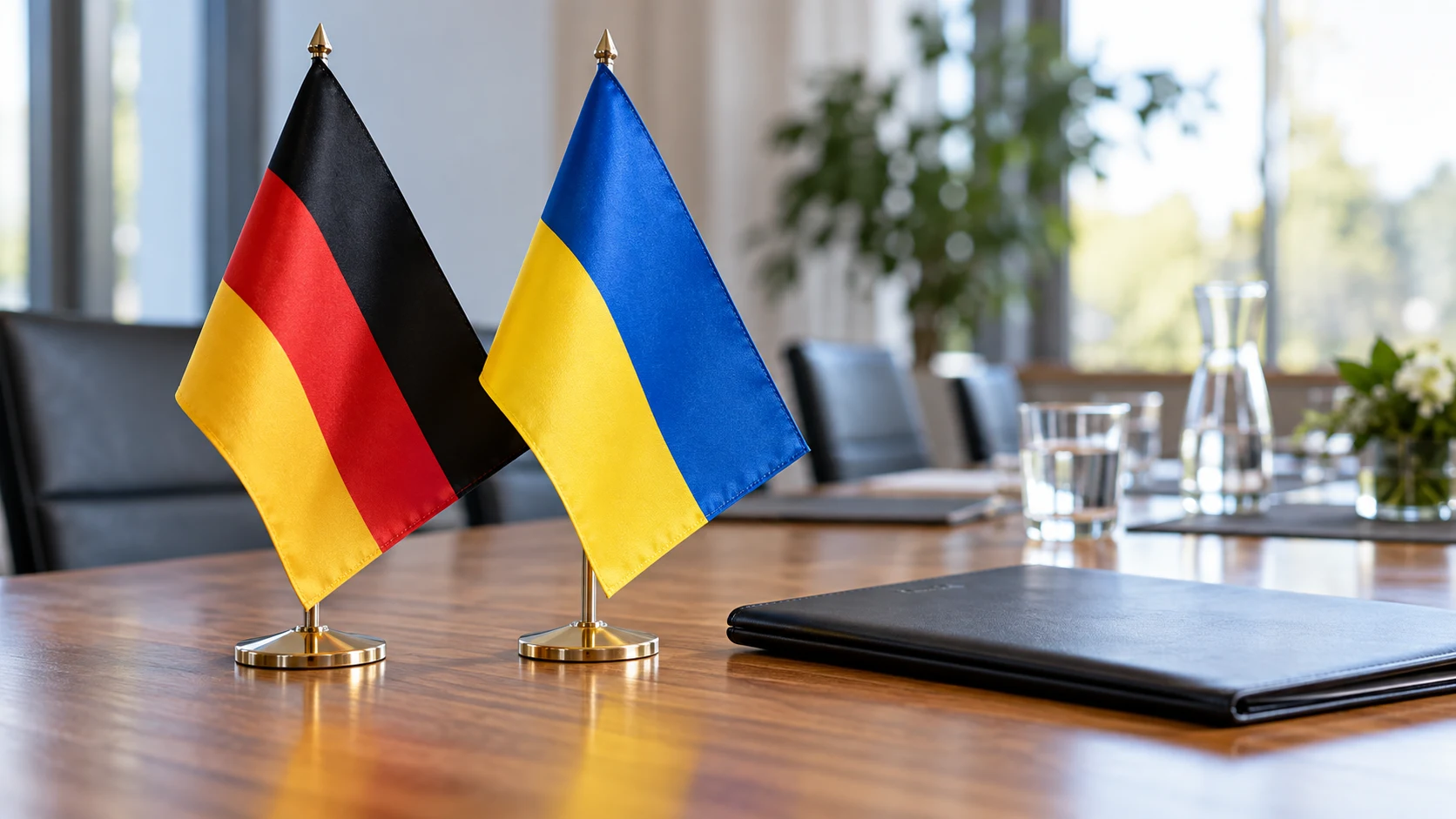 German and Ukrainian flags on a conference table