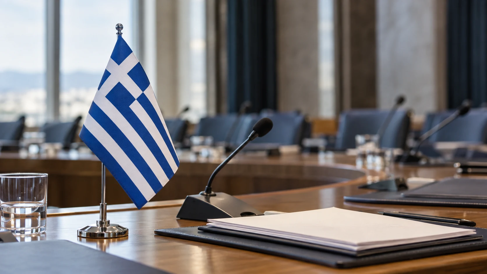 Greek flag and microphone in an empty international meeting room