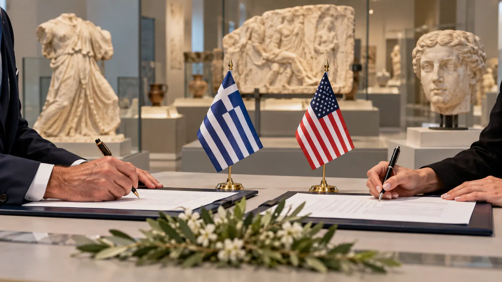 Agreement signing with Greek and US flags in a museum gallery containing protected antiquities