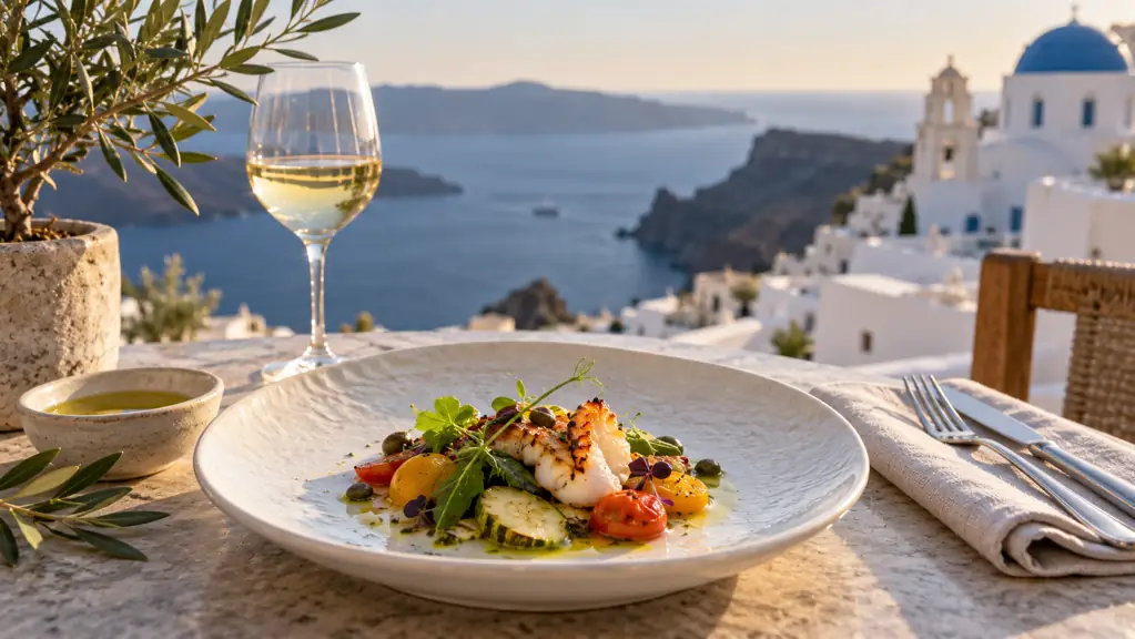 Contemporary Greek cuisine on a dining table overlooking the Aegean
