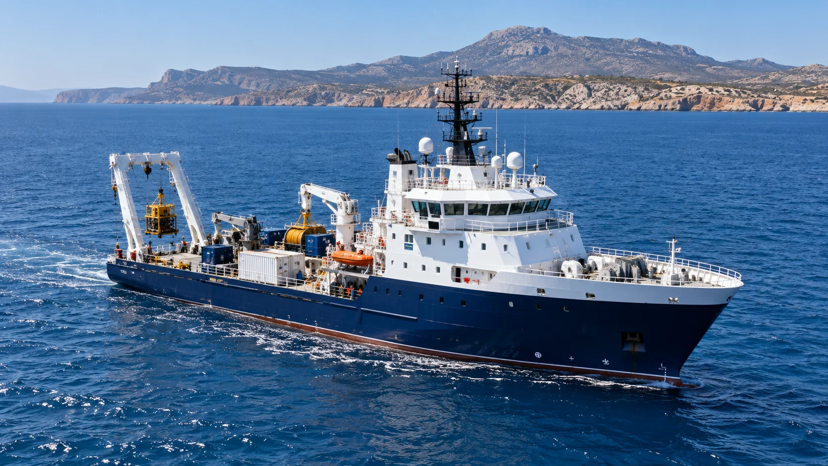 Survey vessel in the Mediterranean near a rocky coastline
