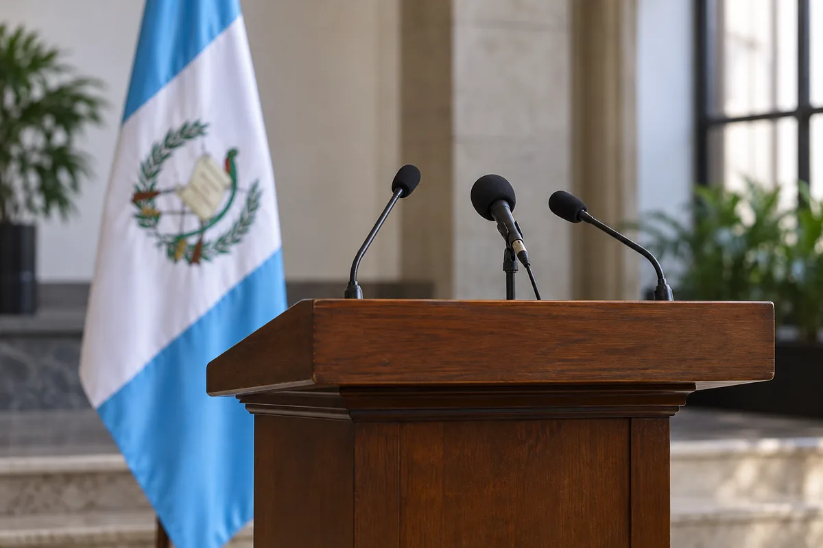 Empty wooden lectern with microphones and a Guatemalan flag in the background