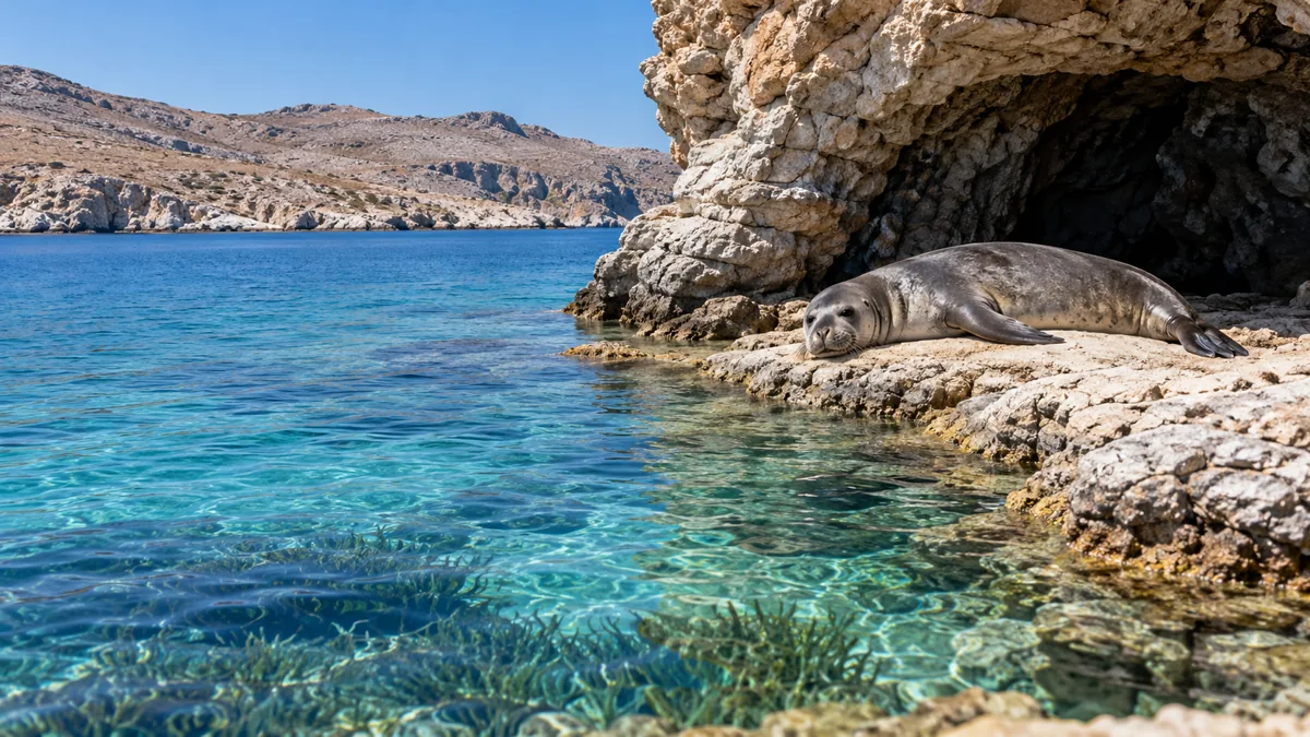 Mediterranean monk seal on a rocky coast with seagrass in a Cycladic landscape