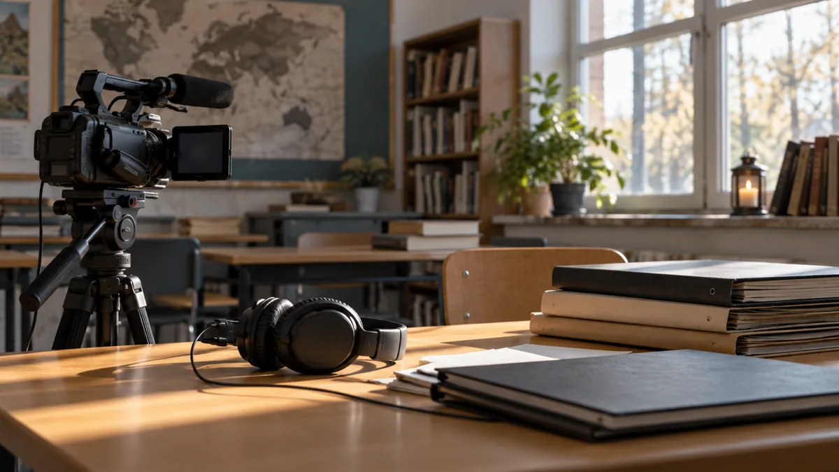 Video camera and research folders on a school desk