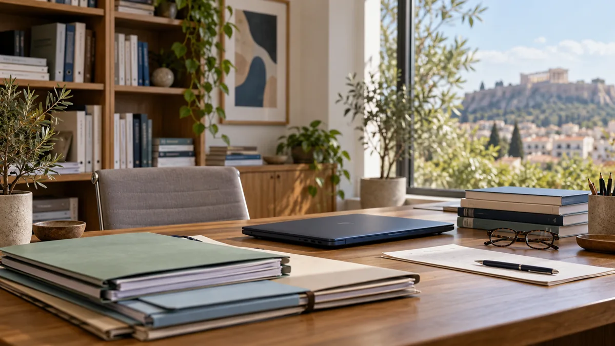 Education research office with textbooks and folders