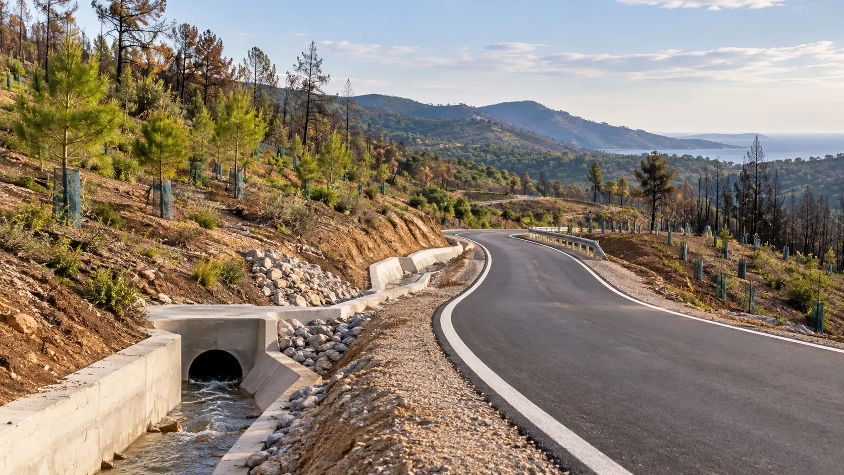 New local road and drainage works on a replanted hillside recovering from an earlier wildfire