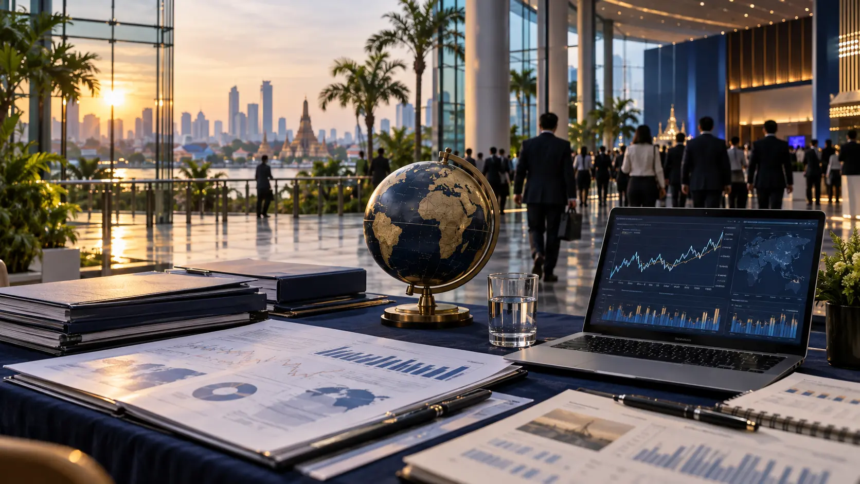 International economic conference in Bangkok with a globe, financial reports and a market screen
