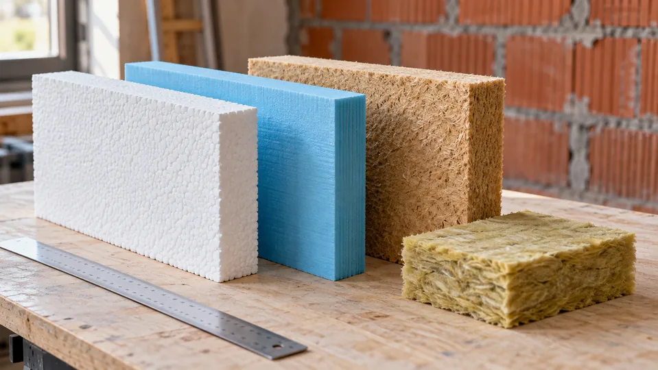 Insulation board and mineral wool samples with a ruler on a workbench