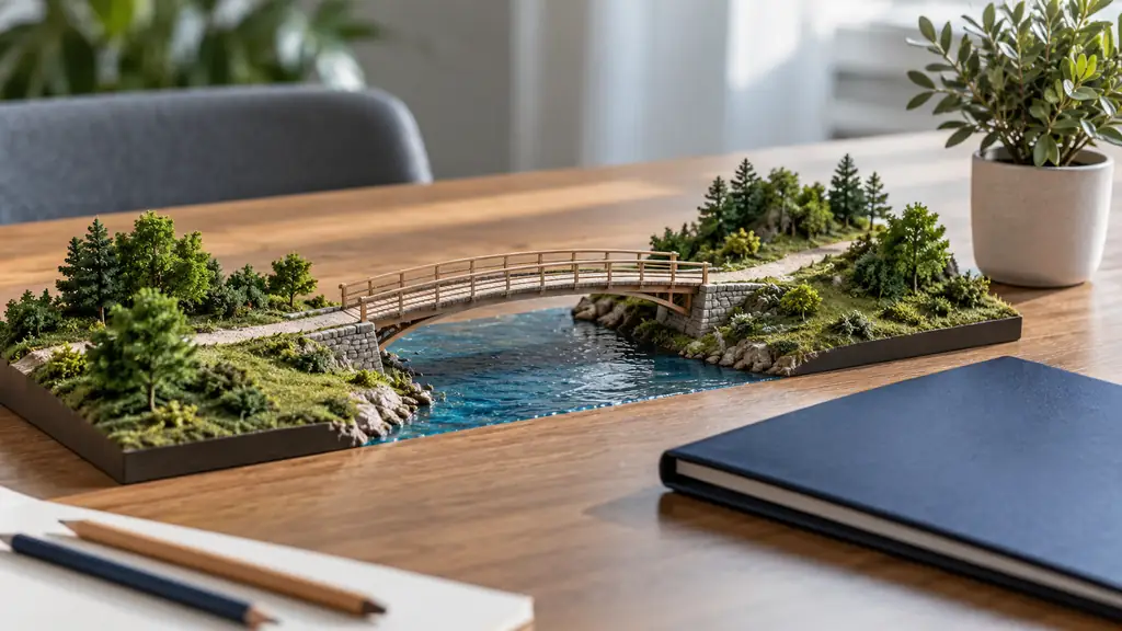 Miniature bridge joining two green landscape models on a table beside a project folder