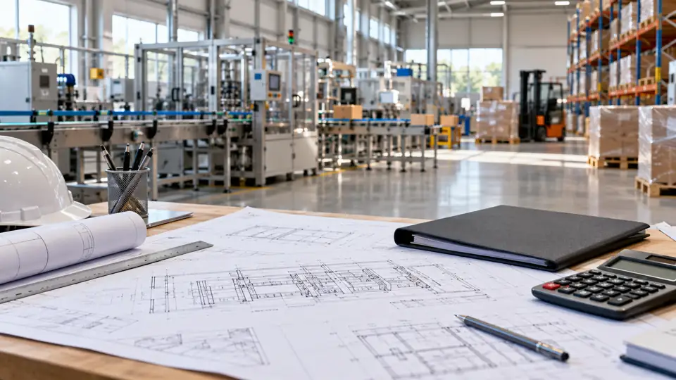 Investment plans and a folder on a workbench in front of a production line and warehouse