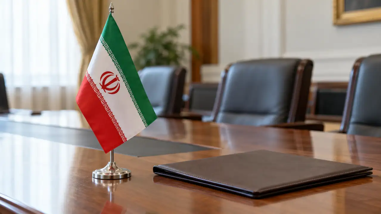Iranian flag on a desk stand beside a closed folder in an unoccupied meeting room