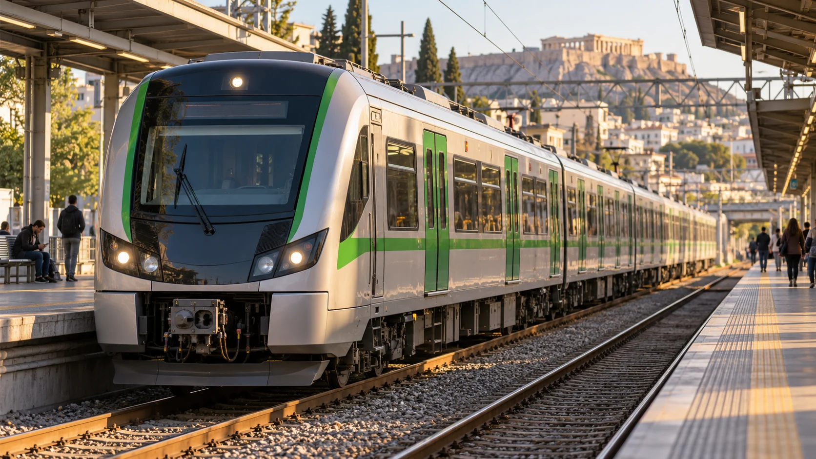Urban train at an outdoor railway station in Athens
