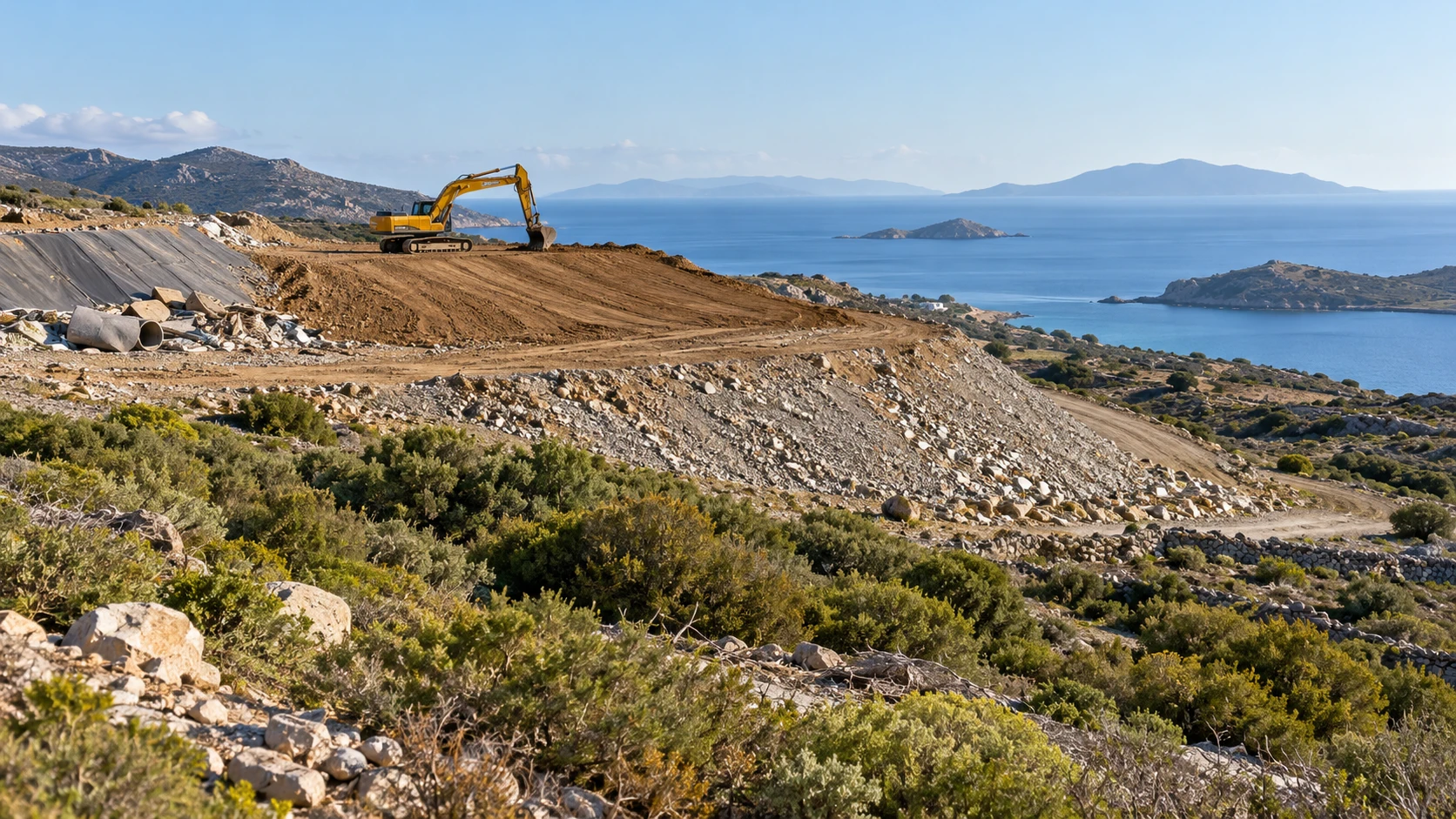 Excavator and soil cover at a waste-restoration site in an island landscape