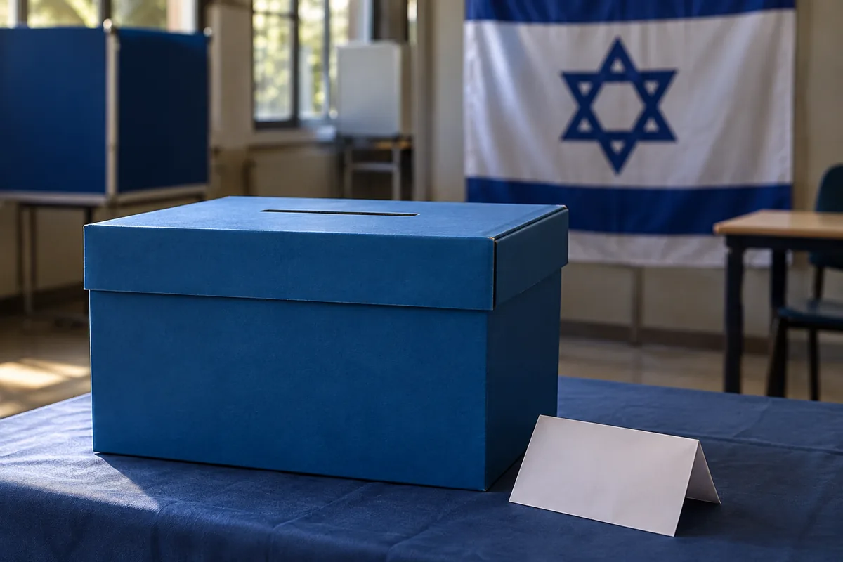 Blue ballot box with folded white paper and an Israeli flag in the background