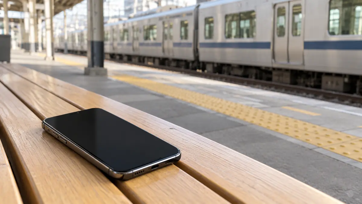 Phone with its screen off on a bench, with a quiet Japanese railway platform in the background