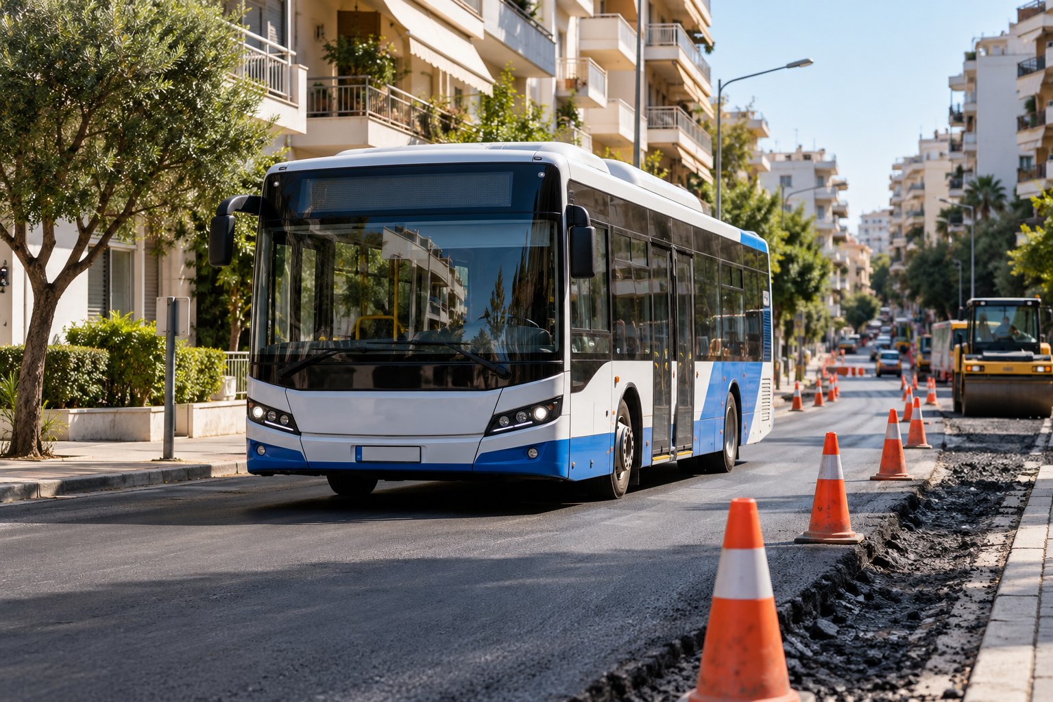 A city bus passes cones and road resurfacing works on an urban street