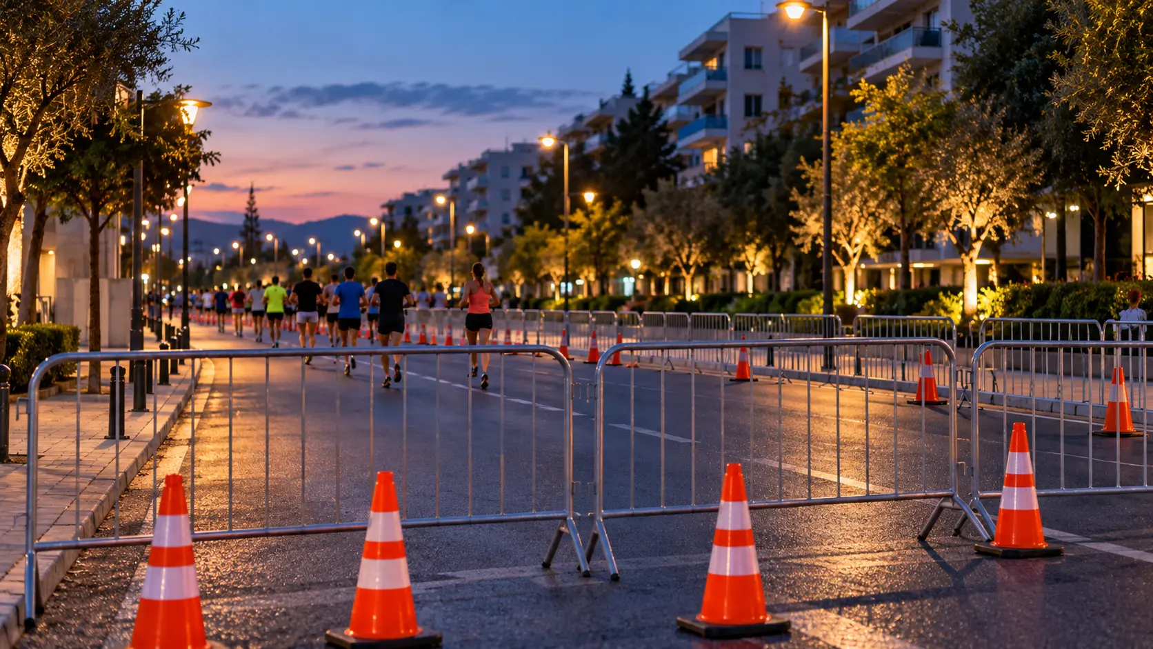 Traffic cones and barriers on an urban street, with runners in the distance