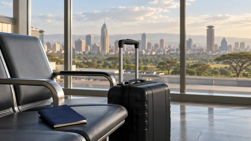 Suitcase and closed passport in an empty airport waiting area