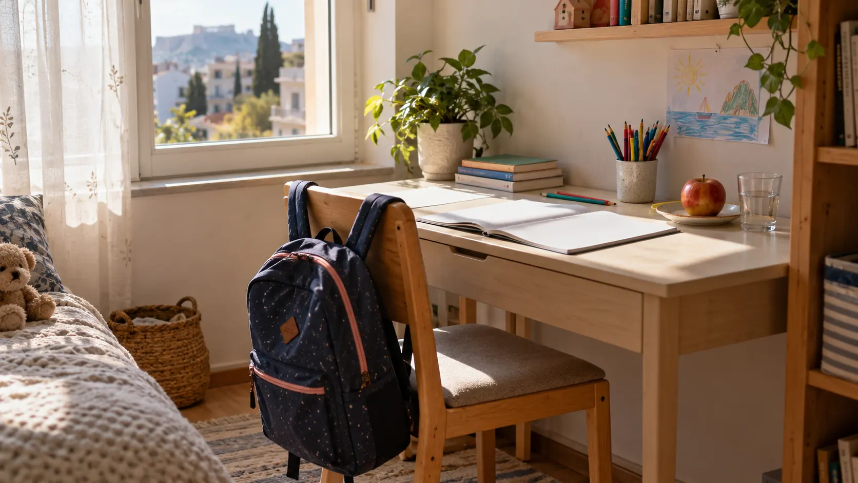 Desk with an open notebook, coloured pencils, a school backpack, an apple and a glass of water