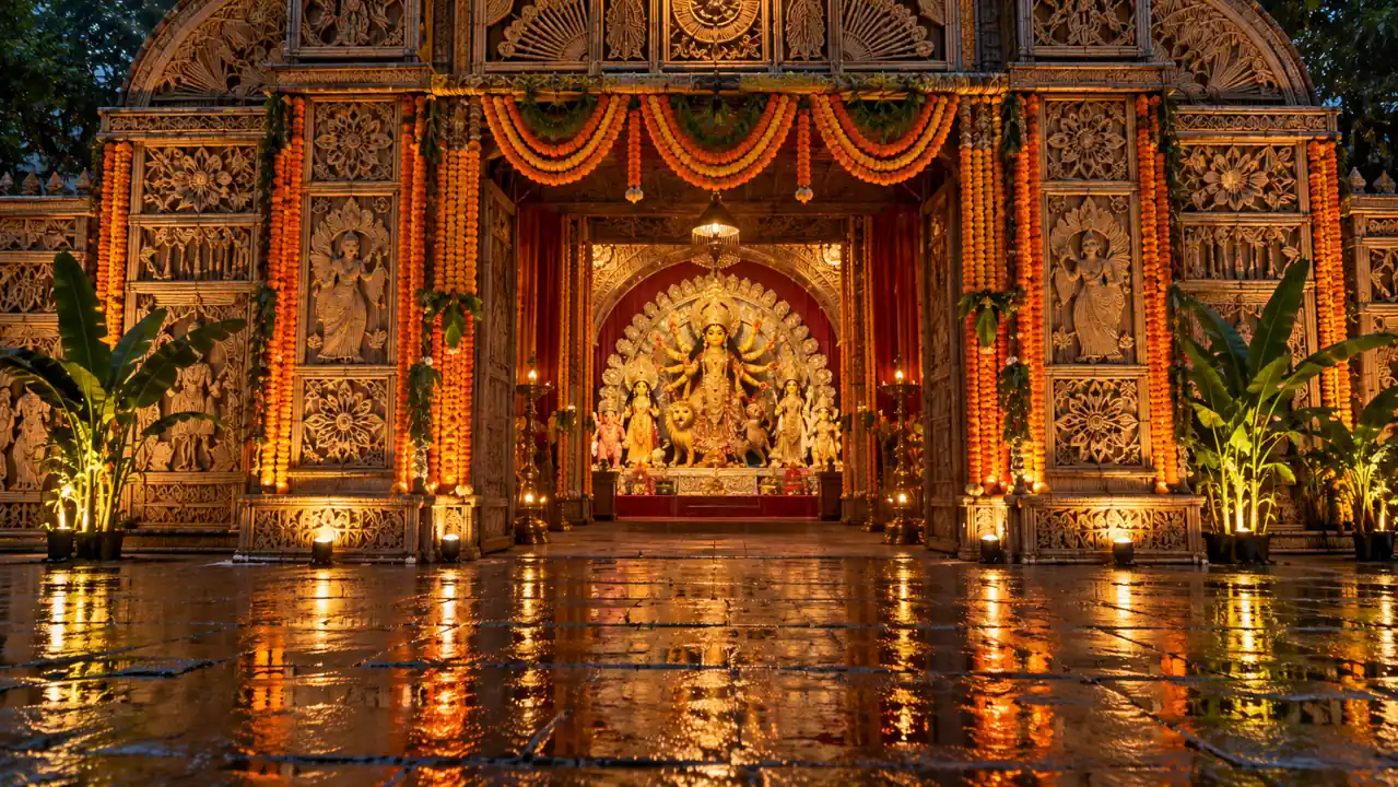 Flower-decorated Durga Puja pavilion entrance illuminated after rain