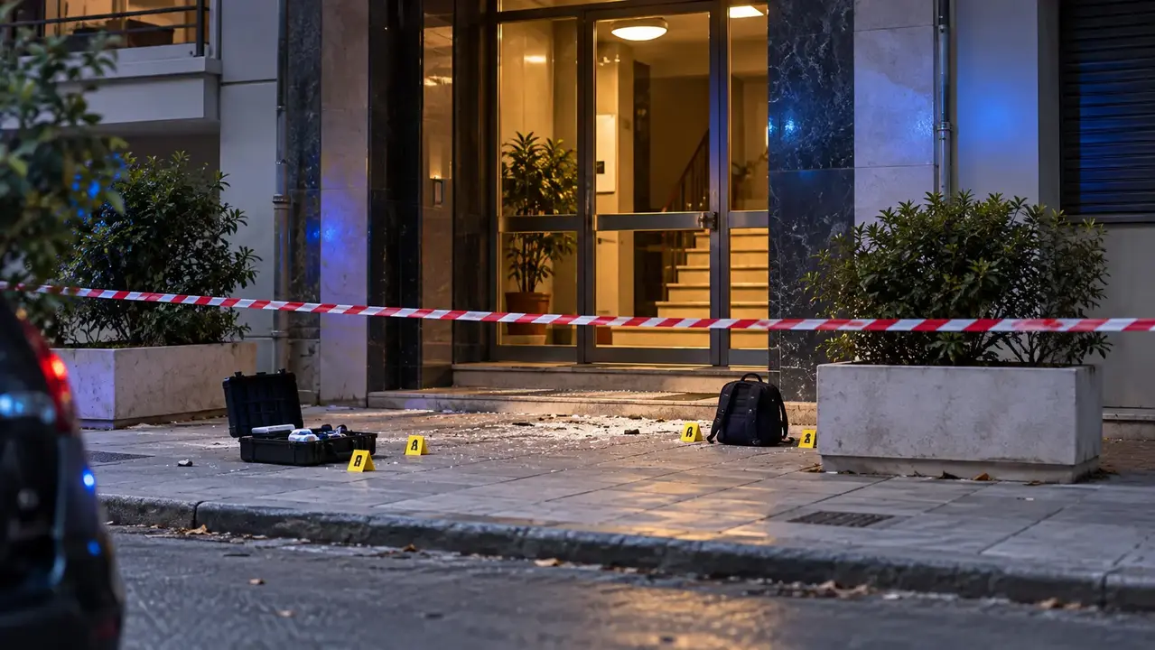 Cordoned apartment-building entrance with forensic evidence markers and a dark backpack