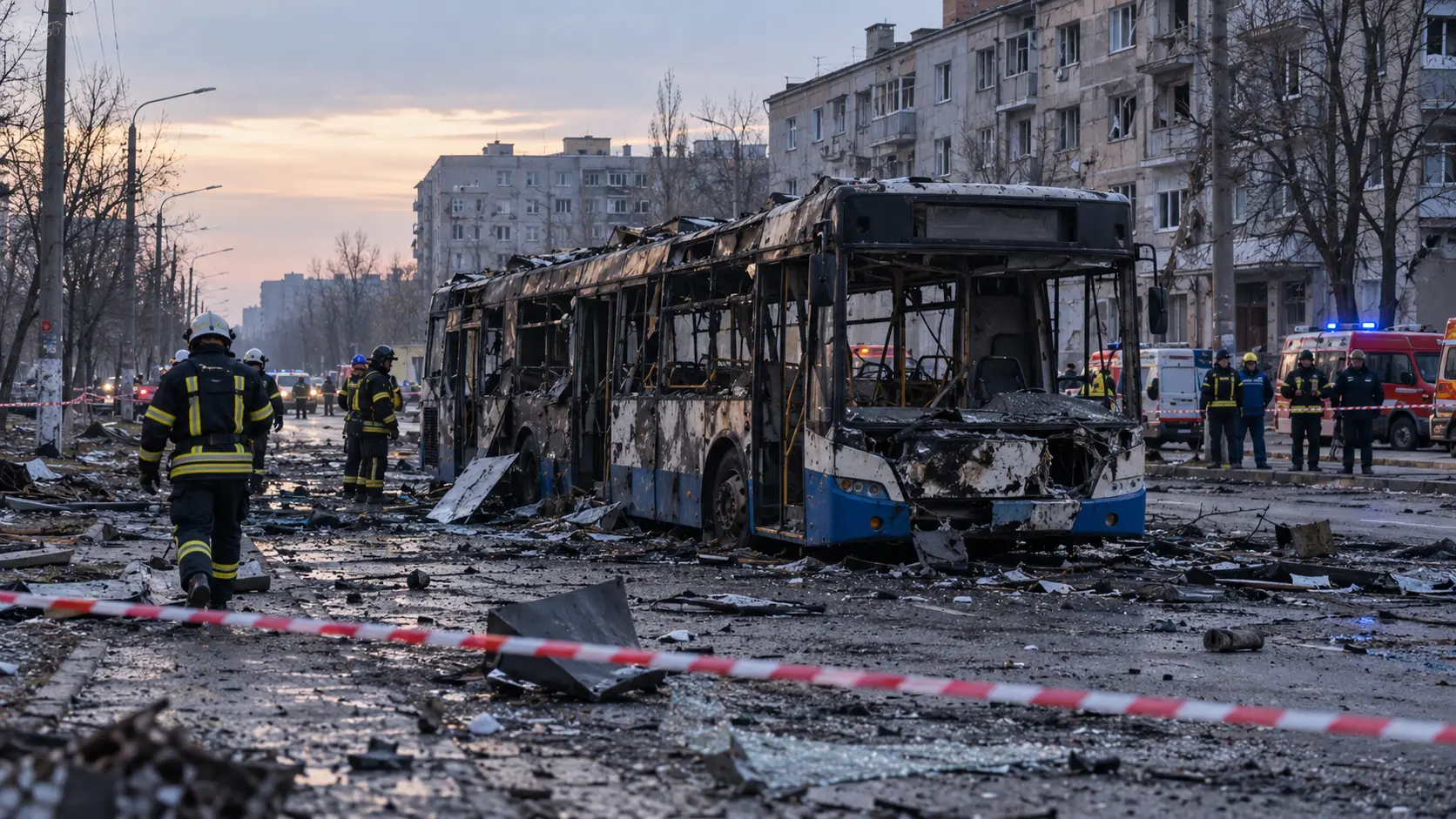 A destroyed city bus on a cordoned-off street with emergency responders after an air attack