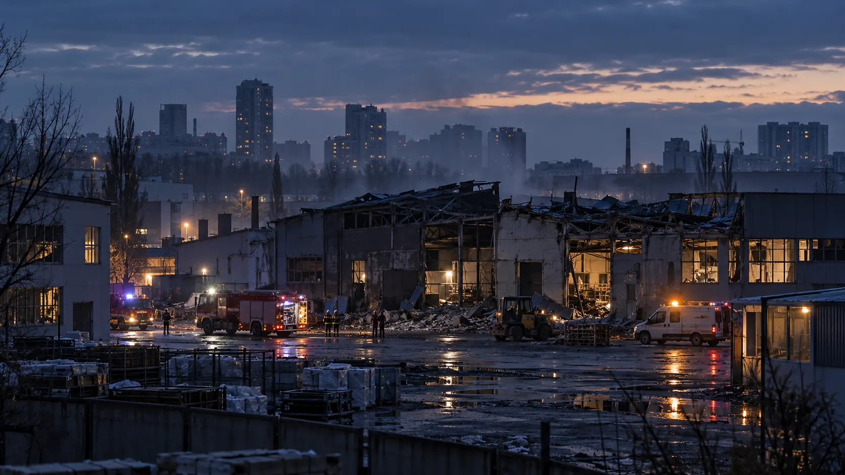 Overnight emergency response at buildings and warehouses in Kyiv after an air strike