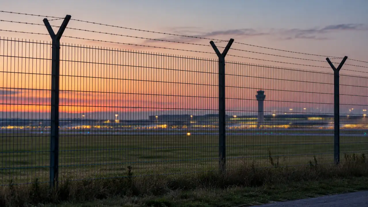 Intact airport perimeter fence with runway lights and a control tower in the distance at dawn