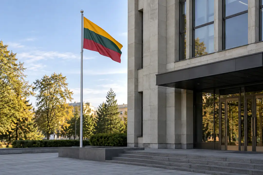 Lithuanian flag beside the entrance of a public building in a quiet morning urban setting