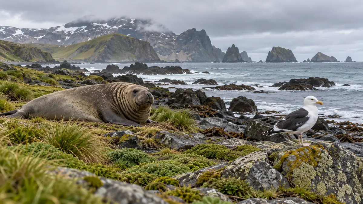 Elephant seal and gull on a rocky sub-Antarctic coast beneath an overcast sky