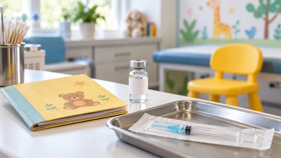 Child’s booklet, vial and packaged syringe in an empty pediatric clinic