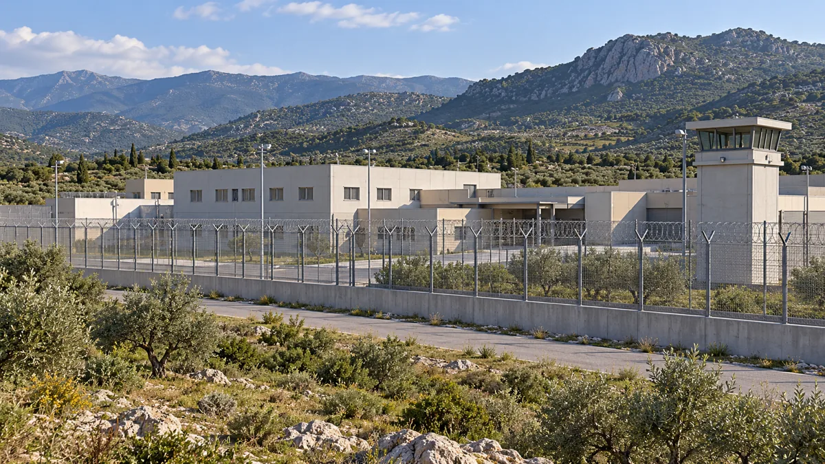 Modern fenced institutional building in a rural landscape