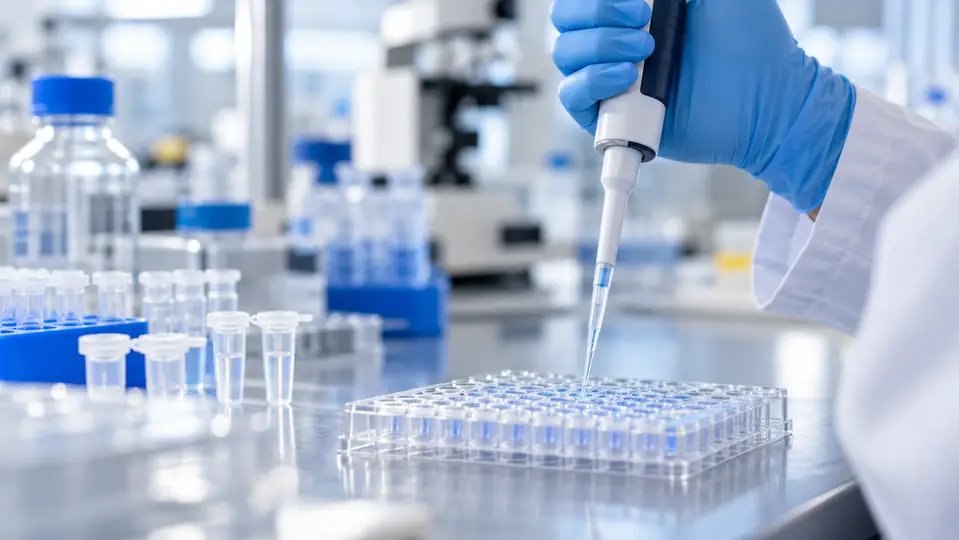 A gloved laboratory hand uses a pipette above a microplate