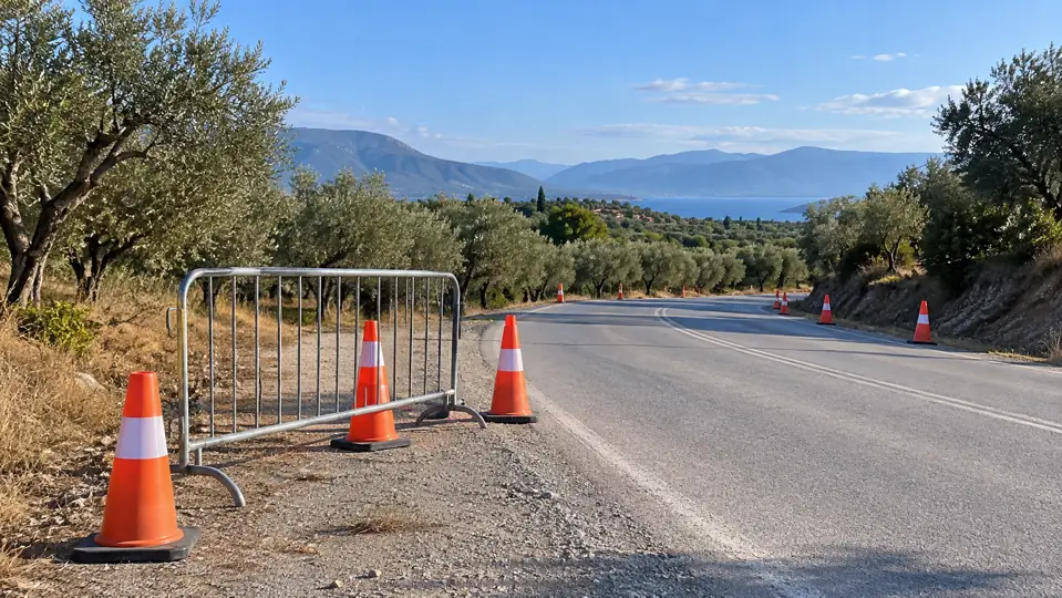 Traffic cones and a temporary barrier beside a road through olive groves