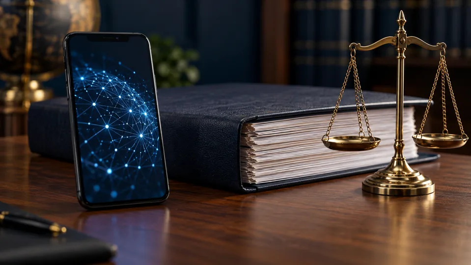 A phone displaying an abstract digital network beside a legal file and justice scales