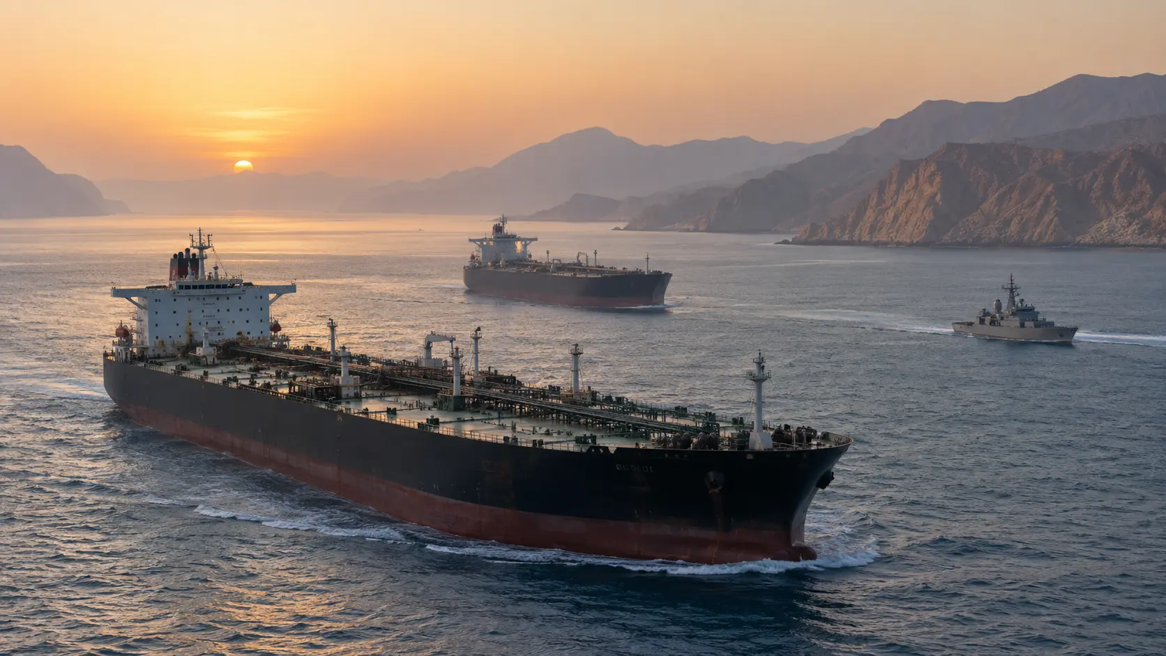 Two oil tankers and a maritime patrol vessel passing through a strait beside an arid coastline