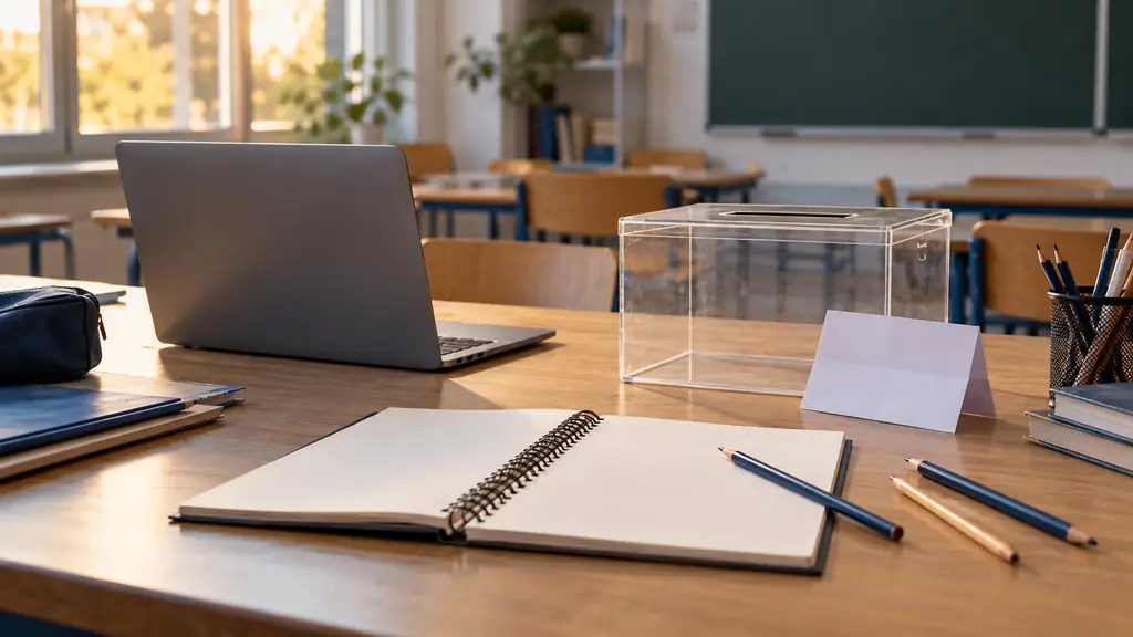 School ballot box, notebook and laptop on a table