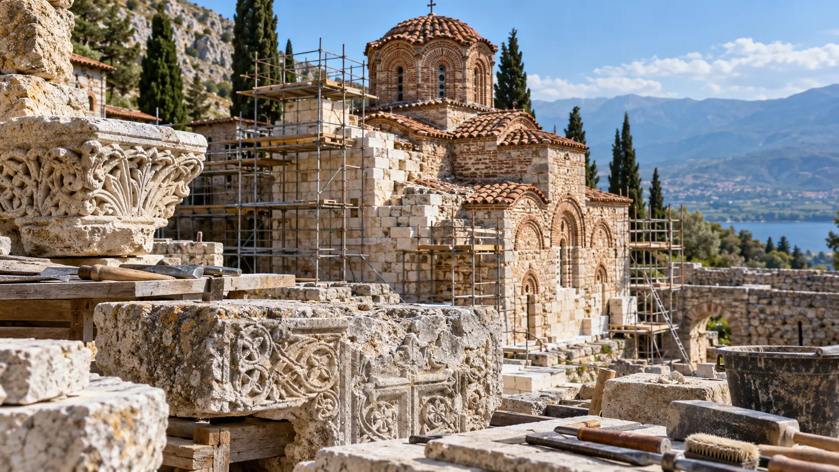 Conservation work at a historic stone church with scaffolding and carved masonry