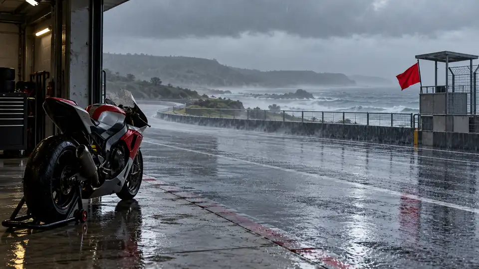 Racing motorcycle parked in a covered pit garage beside a wet coastal circuit and a red flag