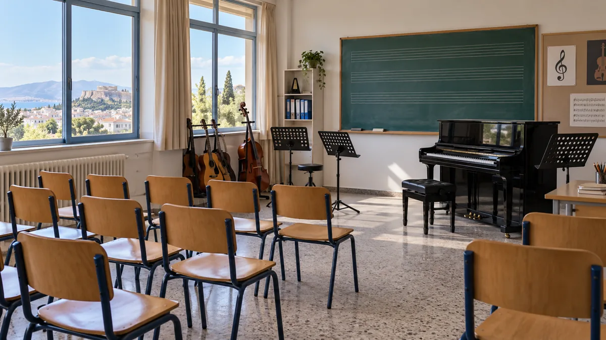 Empty music classroom with a piano and music stands