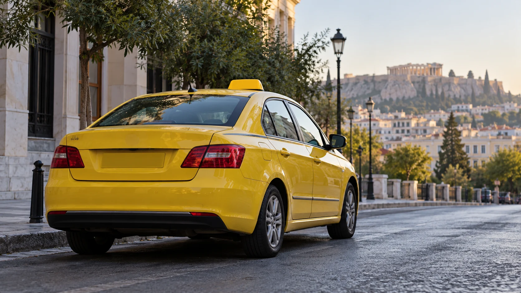 A yellow taxi parked on an urban street